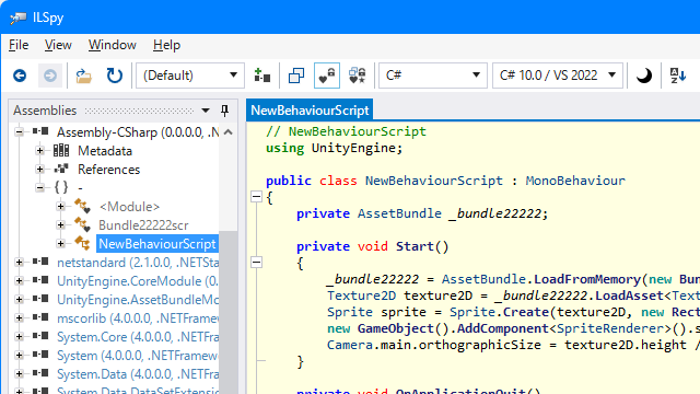 ILSpy で Assembly-CSharp.dll の中にある NewBehaviourScript クラスを覗いたときの様子