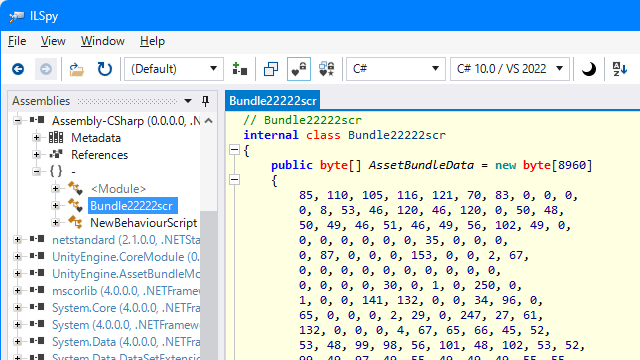 ILSpy で Assembly-CSharp.dll の中にある Bundle22222scr クラスを覗いたときの様子